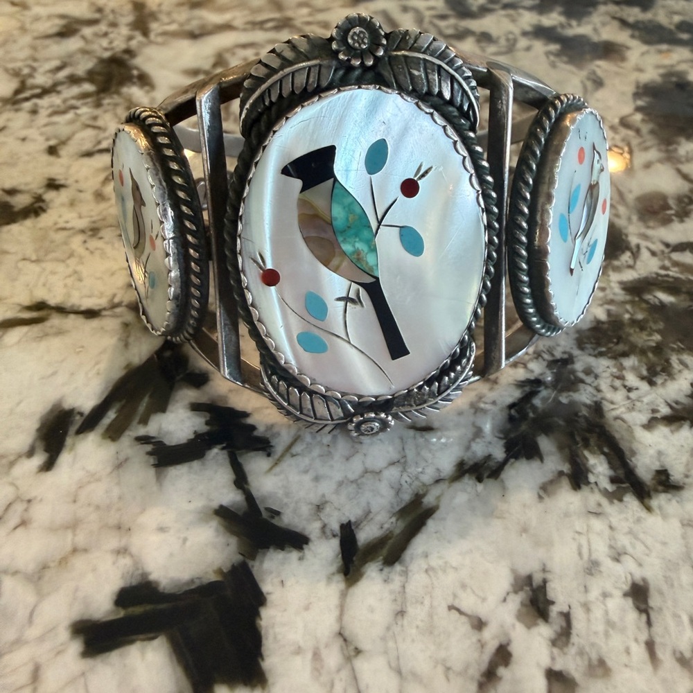 Zuni Cuff Bracelet. Jay Bird inlay with Mother of Pearl, Onyx, and Turquoise.